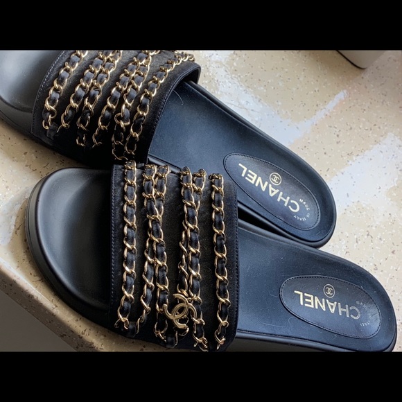 Size 39EU NEW CHANEL 24P Black Lambskin DAD SLIDE sandals  Chanel sandals